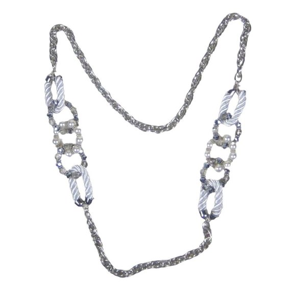 Imitation Pearl Beaded Necklace 45 inch Silvertone Heavy Chain Strand Statement - Picture 1 of 13